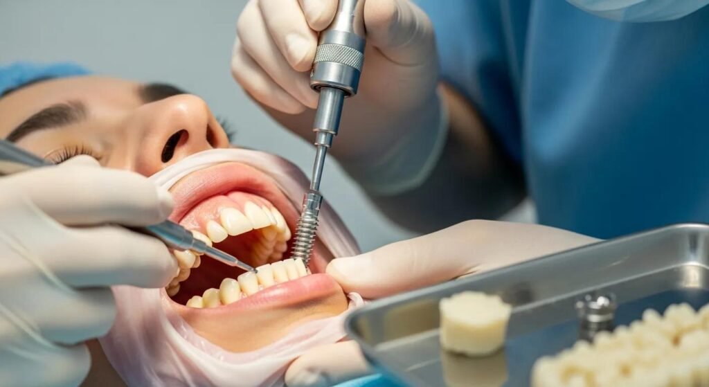 Dental implant being placed in a patient's jawbone during the restoration process