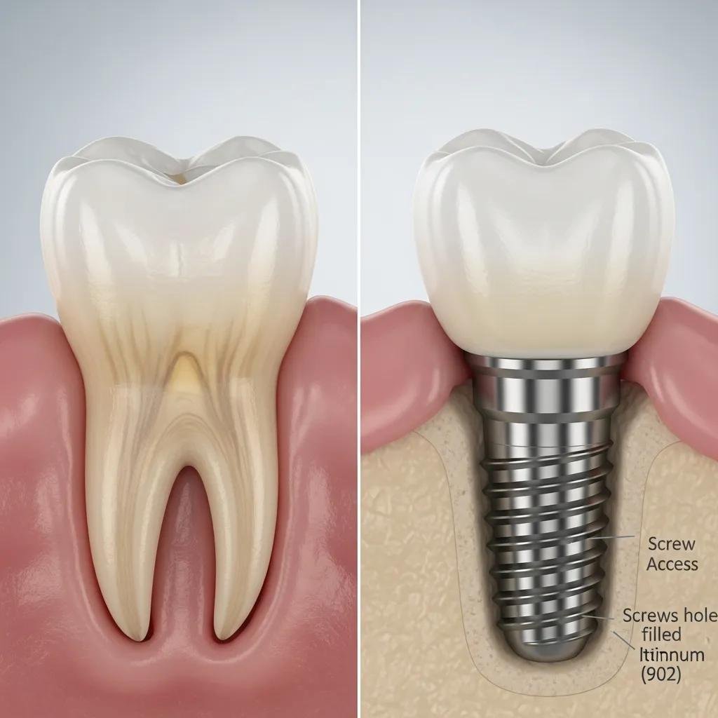 Comparison of a natural tooth and a dental implant highlighting their similarities