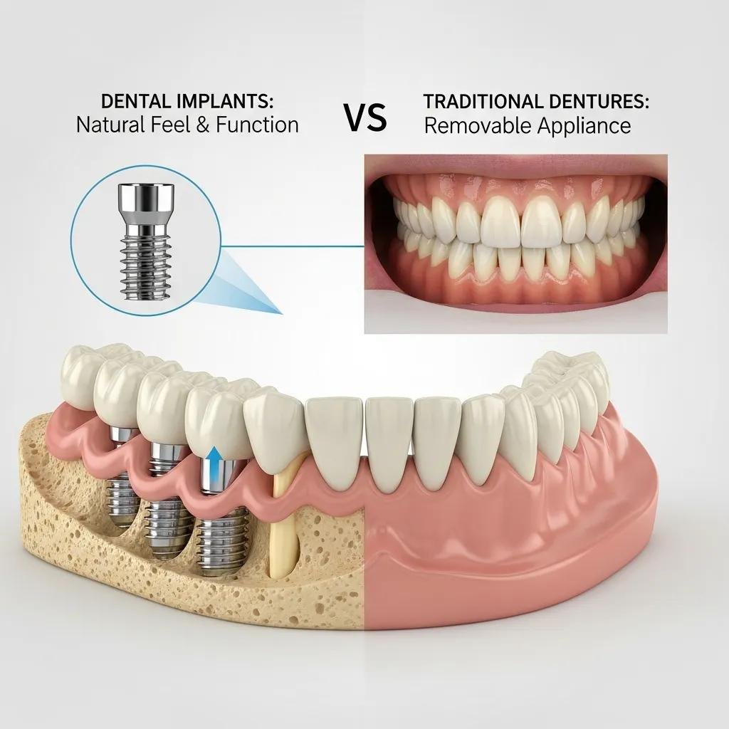 Comparison of dental implants and traditional dentures showcasing benefits