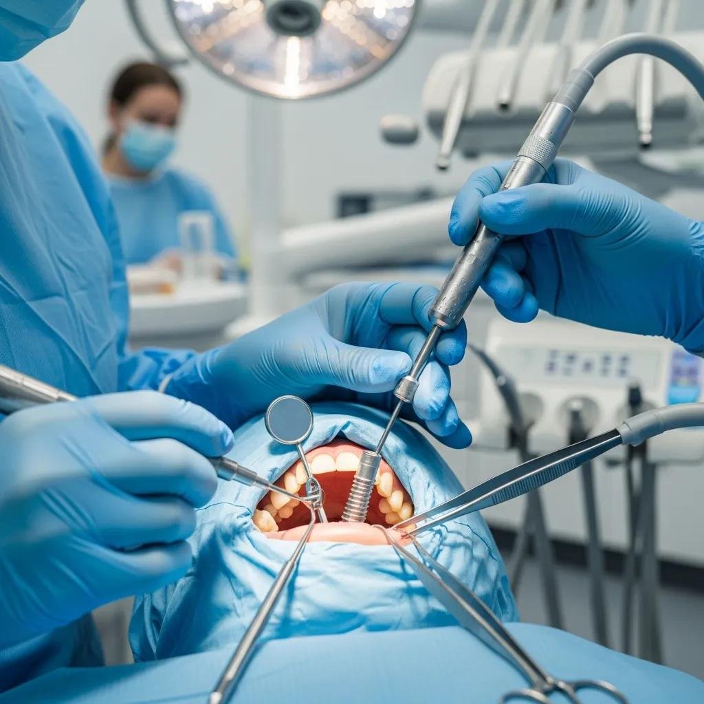 Dental professional performing dental implant surgery with titanium post