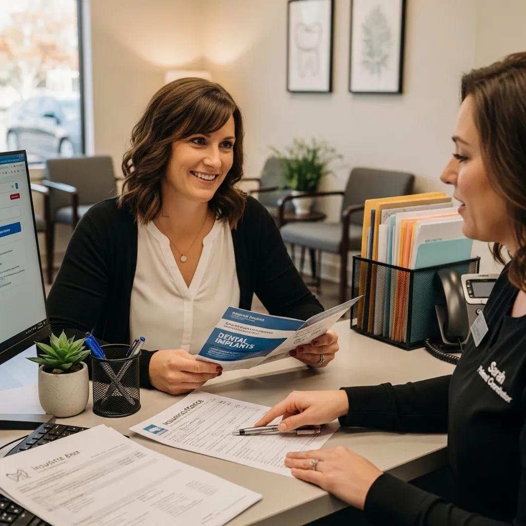 Patient discussing insurance coverage for dental implants with dental office staff