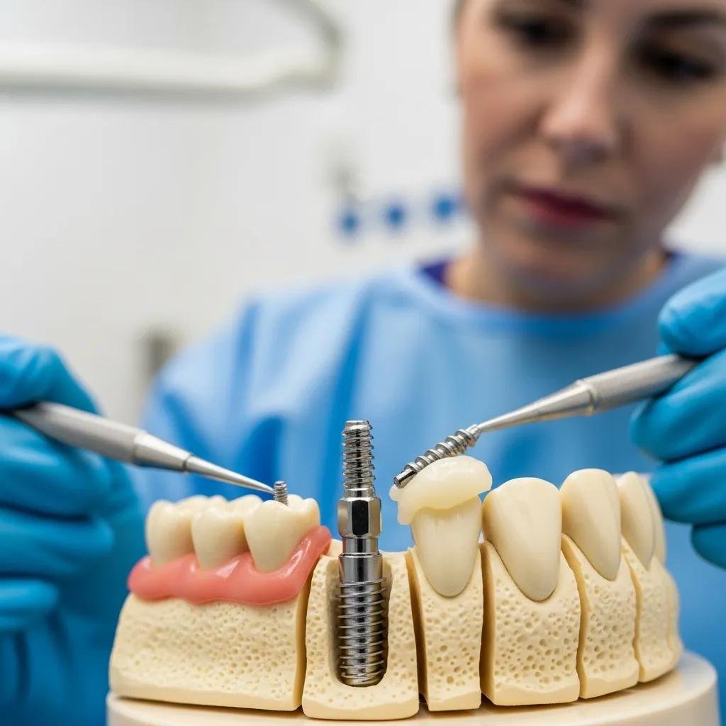 Surgical placement of a dental implant into a jawbone model demonstrating the procedure