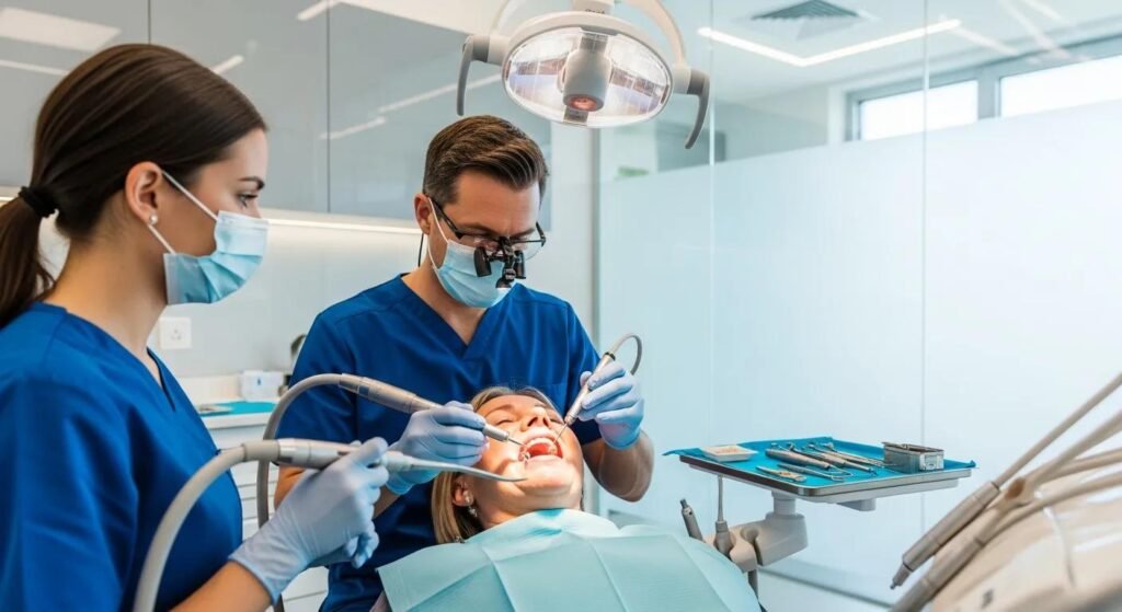 Dental professional performing a dental implant procedure in a modern clinic