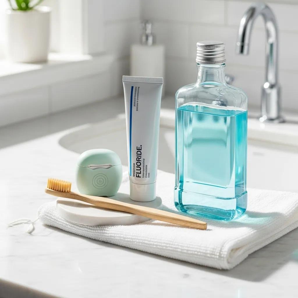 Collection of dental hygiene products including a bamboo toothbrush, fluoride toothpaste, mouthwash in a clear bottle, and a floss container on a white towel, promoting daily oral care practices.