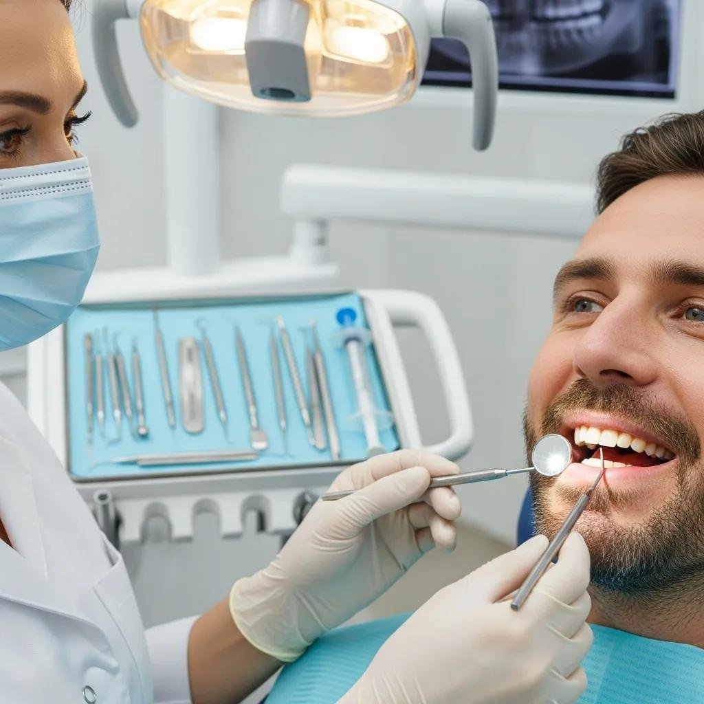 Dentist examining a patient's teeth during a dental checkup, highlighting the importance of regular visits for preventative care and oral health maintenance.
