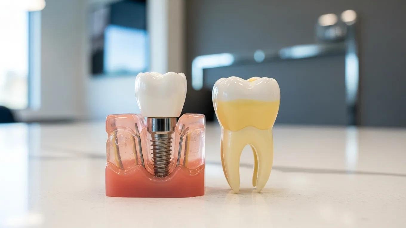 Dental implant model showcasing structure and osseointegration for full mouth restoration.
