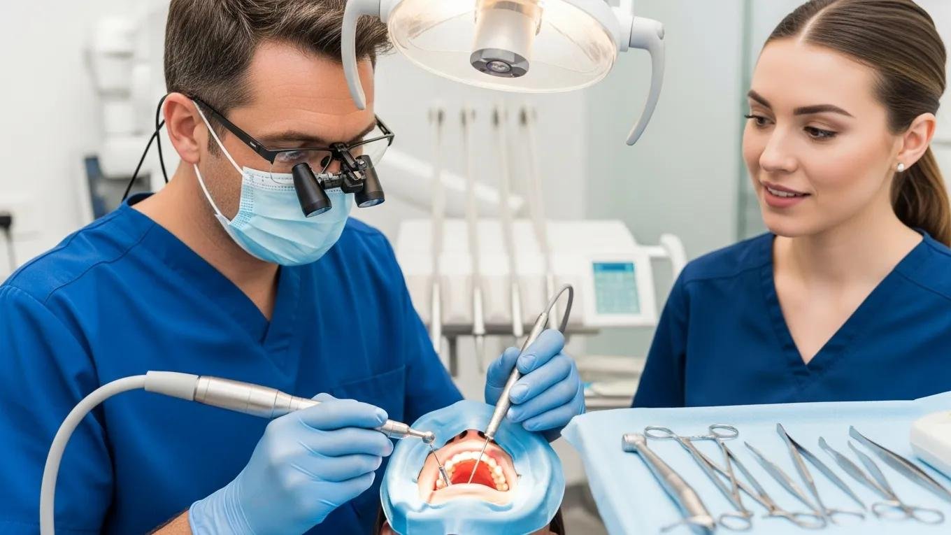 Dental professional examining patient's teeth with dental instruments and overhead light for full mouth restoration.