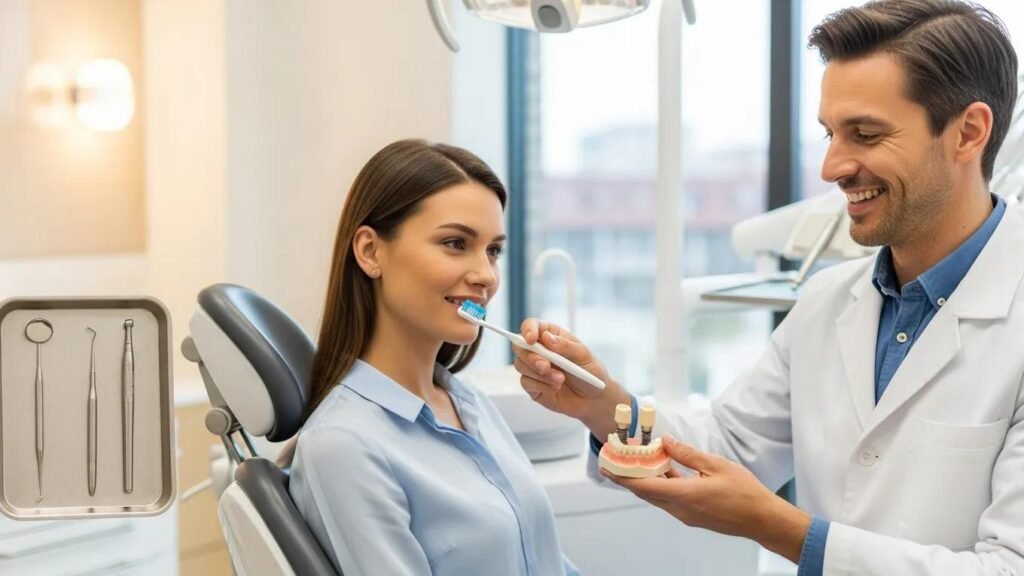 Dental clinic scene with a dentist demonstrating dental implant care techniques