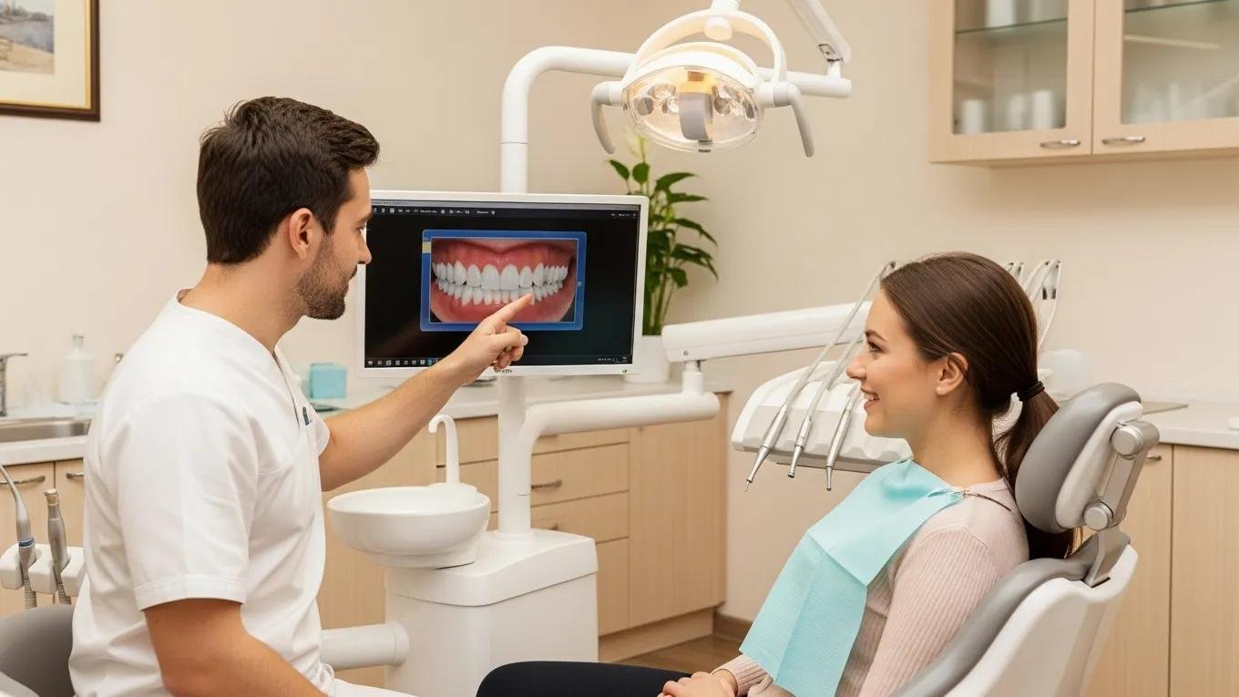 Dentist and patient discussing full mouth restoration plan on screen in Rialto CA.
