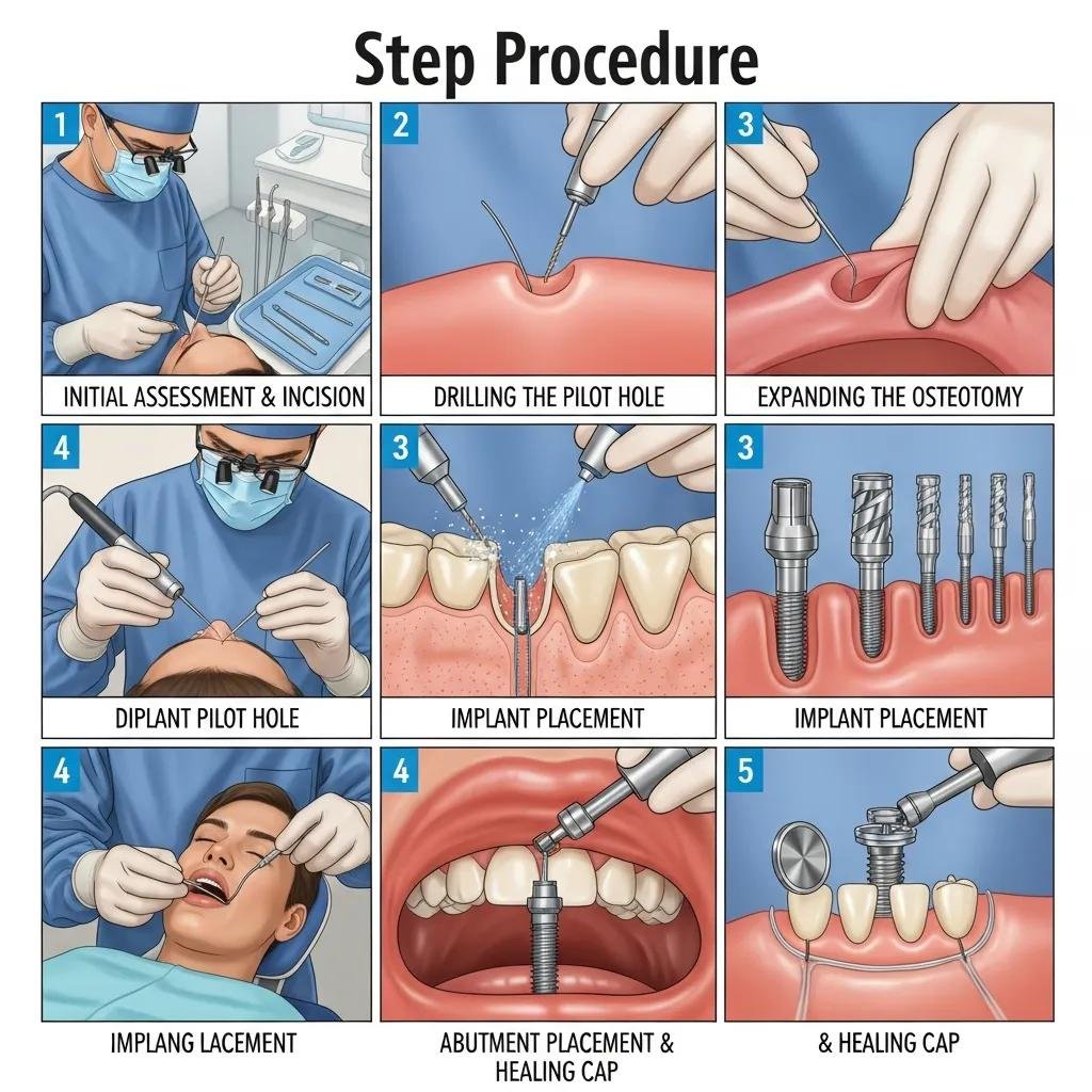 Dental implant procedure steps: assessment, drilling, implant placement, and osseointegration.
