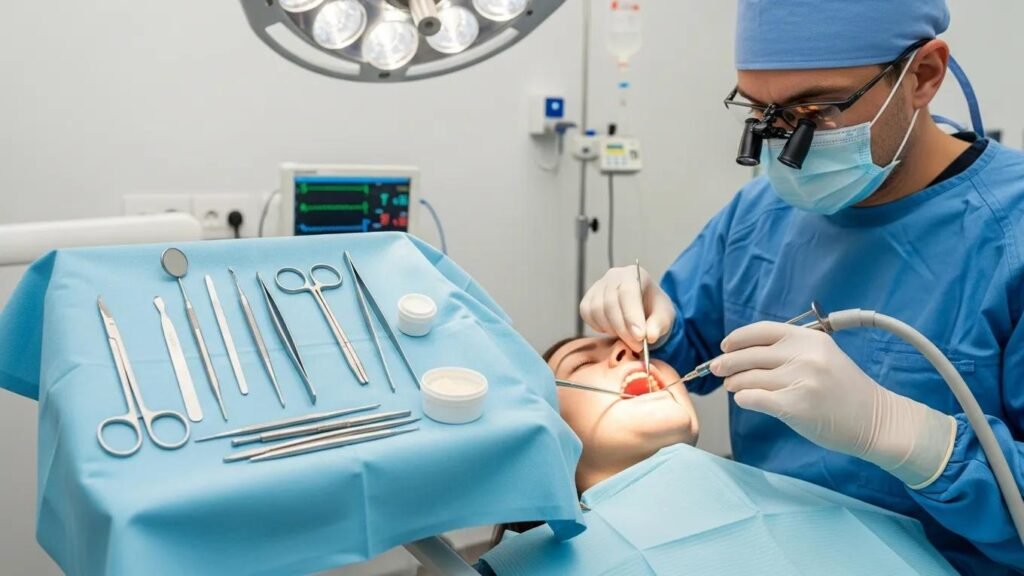 Dental professional performing a bone grafting procedure on a patient in a clinical setting