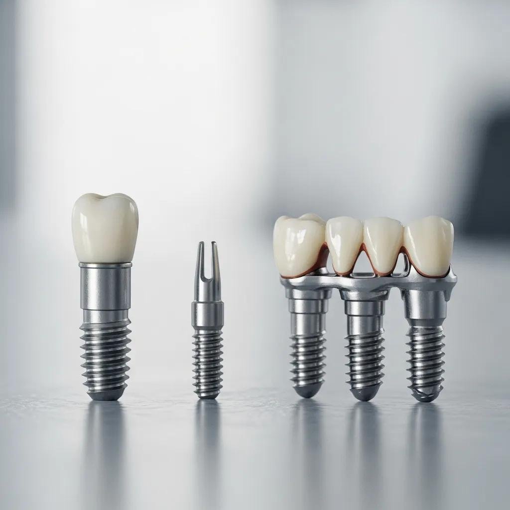 Different types of dental implants: single-tooth, All-on-4, and mini implants.