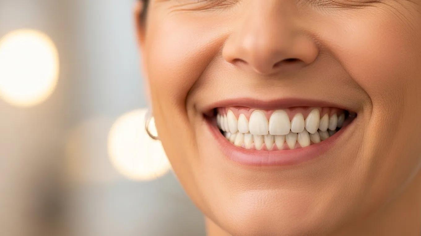 Patient smiling confidently with crowns and bridges illustrating a successful smile makeover.