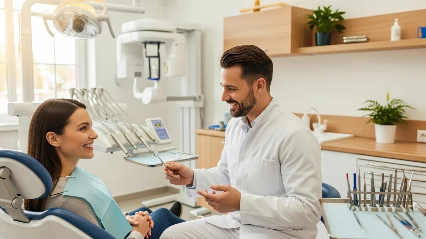 Smiling patient consulting with a dentist about full mouth restoration options in a modern dental clinic.