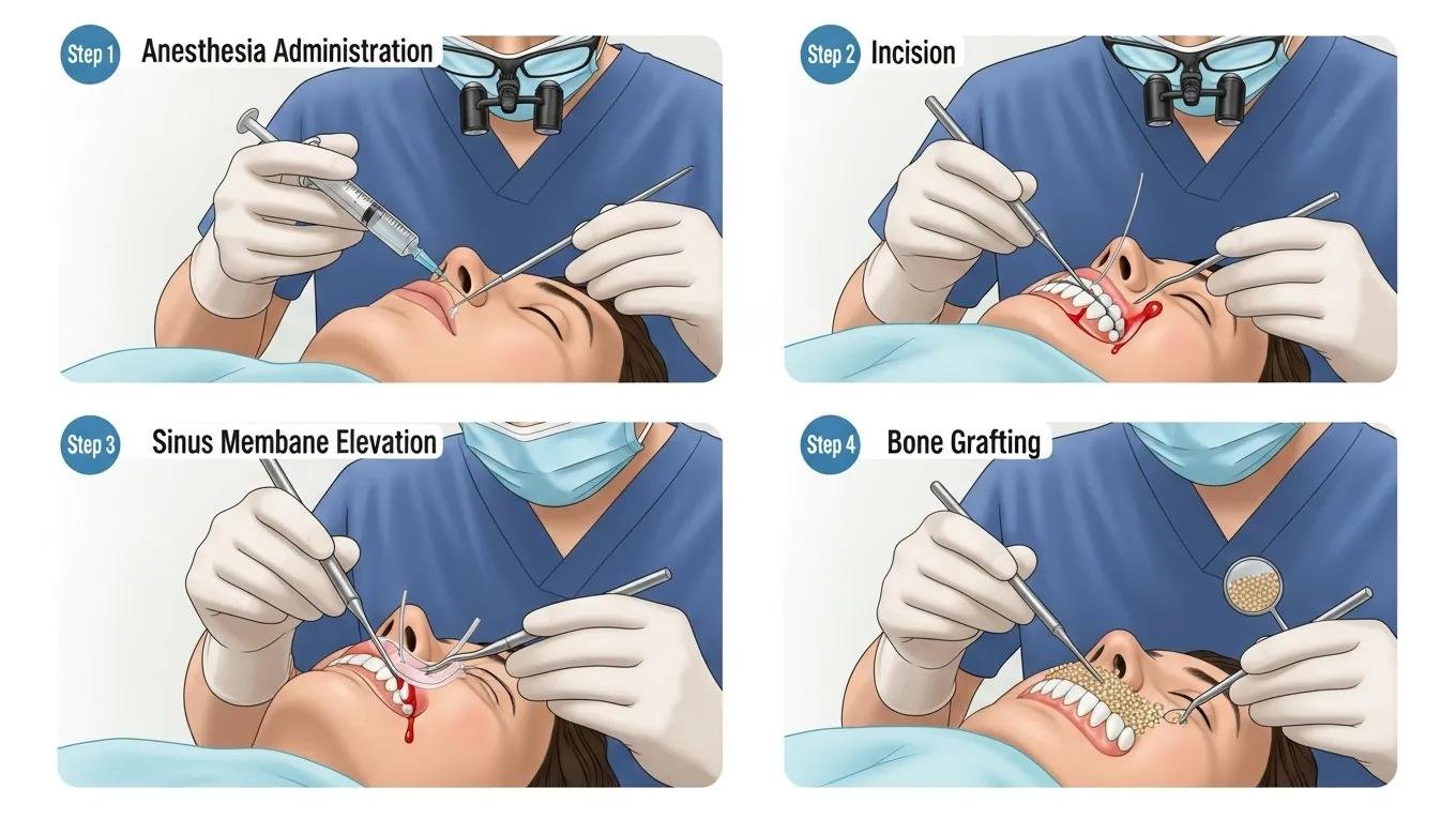 Step-by-step visual depiction of the sinus lift procedure for dental implant preparation