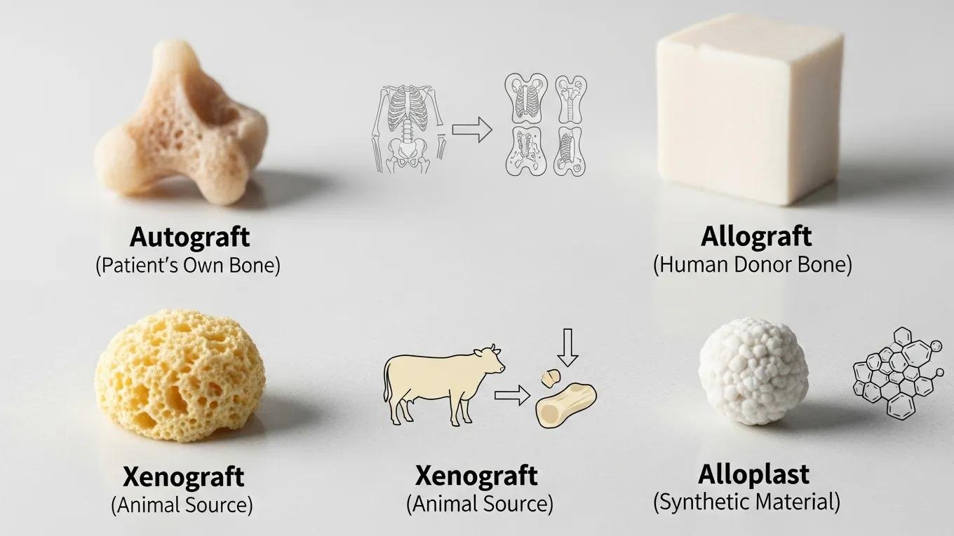 Visual representation of different types of bone graft materials used in dental implant procedures
