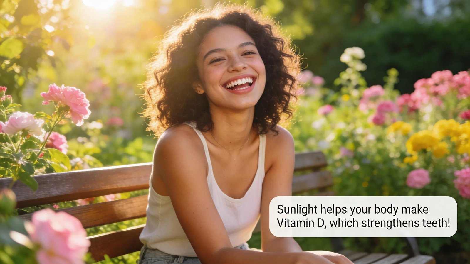 Smiling woman in garden illustrating Vitamin D and teeth strengthening.