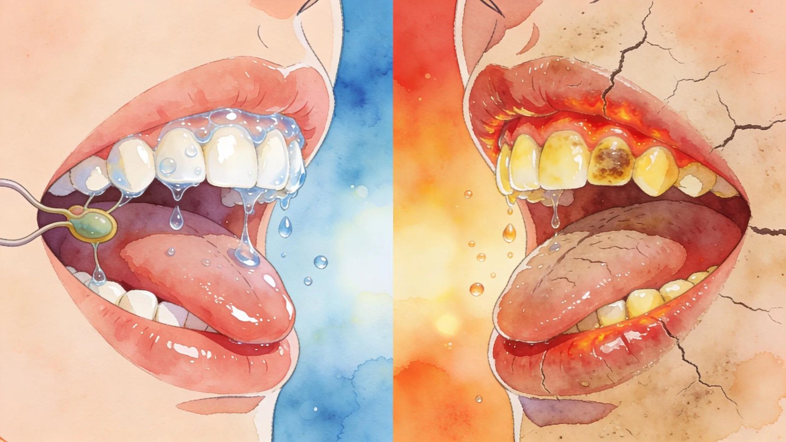 Illustration showing saliva's protective function in oral health, highlighting hydration effects on teeth