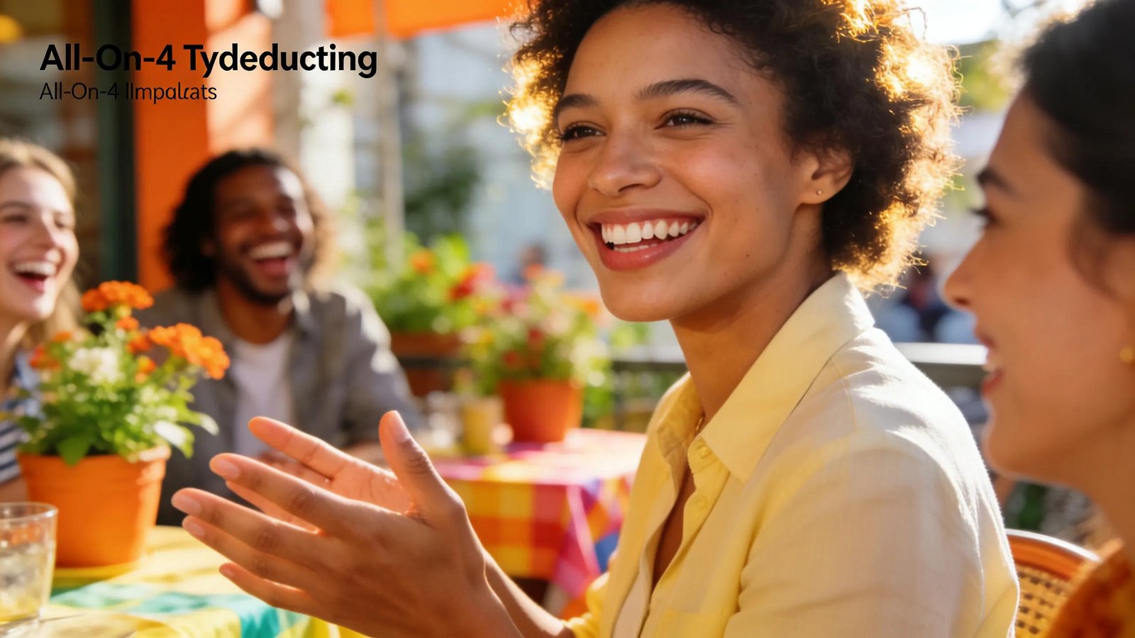 Smiling individual enjoying a social gathering after receiving All-On-4 dental implants