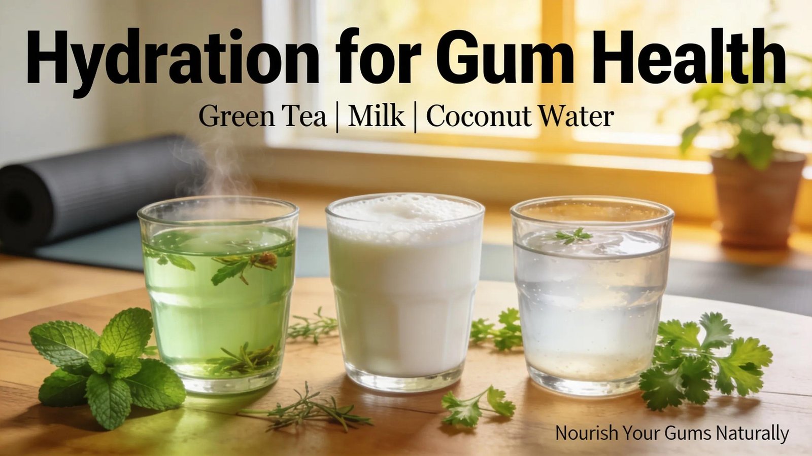 Display of green tea, milk, and coconut water, emphasizing their roles in supporting gum health through hydration