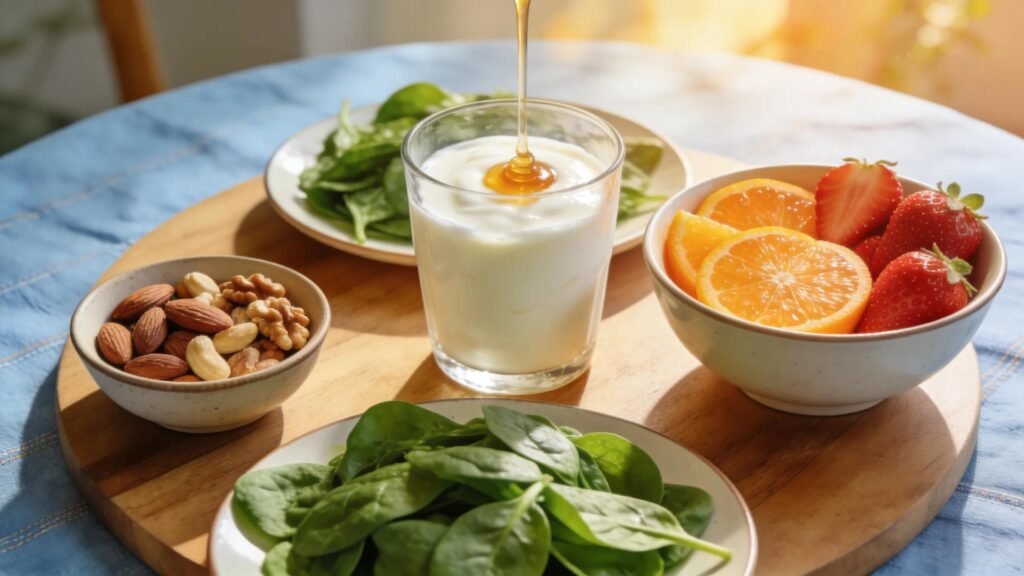 Glass of milk with honey and bowl of fruits and nuts for optimal dental health