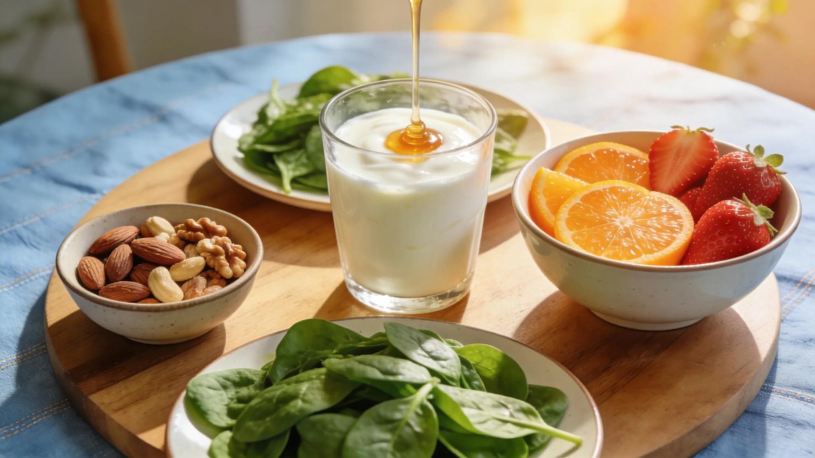 Glass of milk with honey, fruits, nuts, and spinach for oral health and essential vitamins.