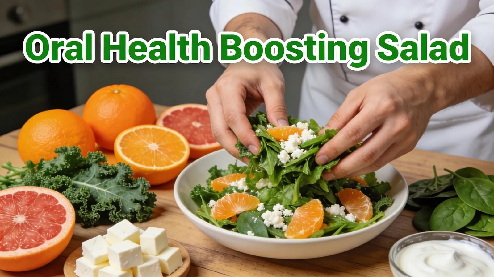 Oral health boosting salad with leafy greens, citrus fruits, and dairy for essential vitamins and minerals.