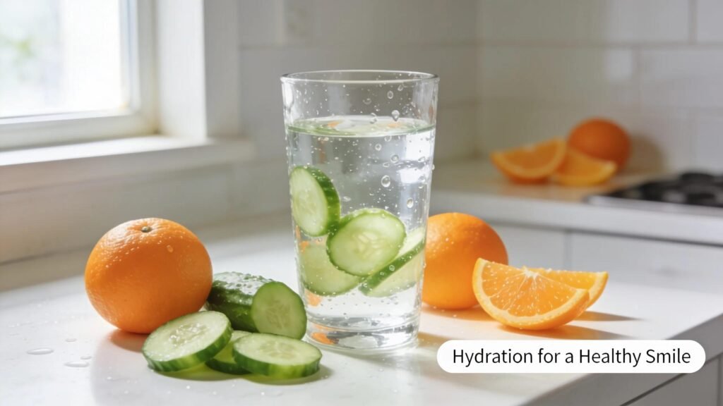 Refreshing glass of water with hydrating fruits promoting oral health by enhancing hydration