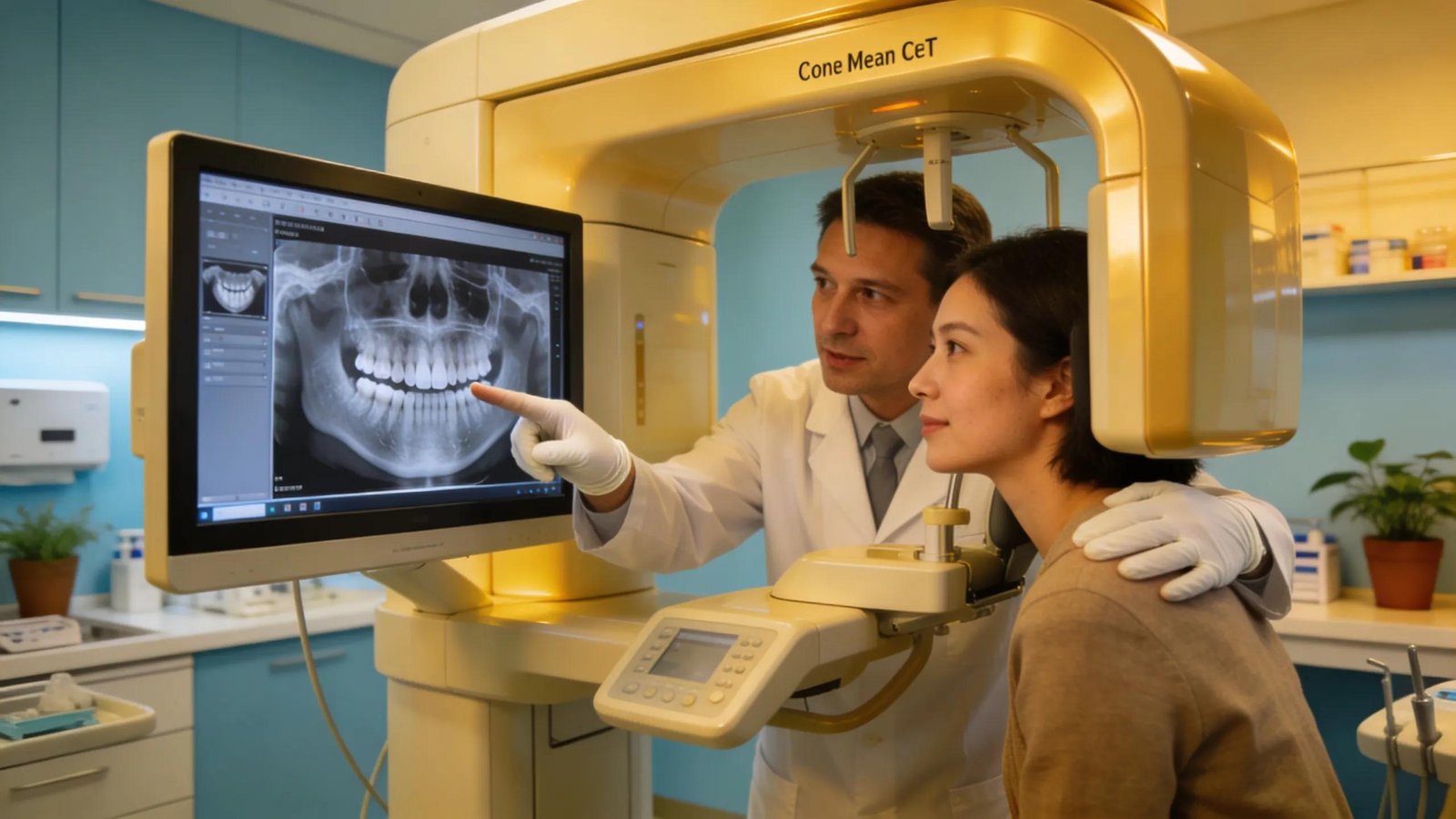 Dentist and patient reviewing Cone Beam CT scan for treatment planning