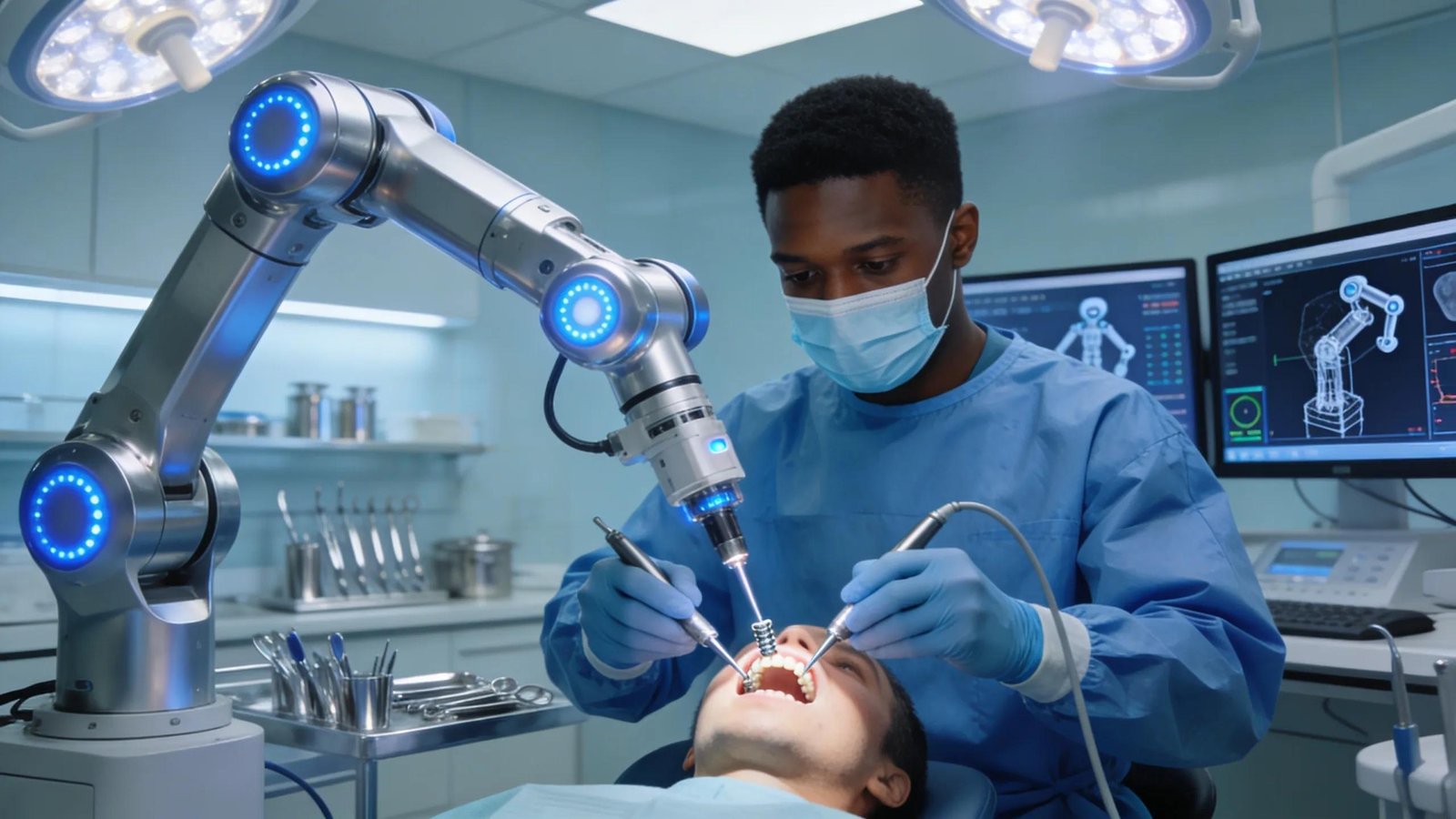 Dental robotic arm assisting with surgical procedure and implant placement.