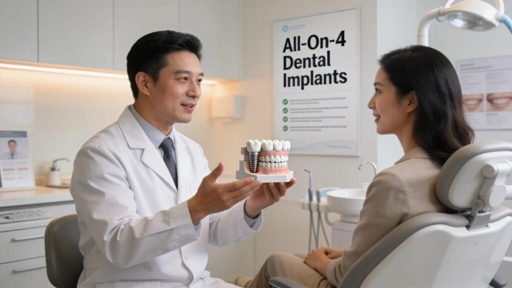 Dentist consulting with a patient about All-On-4 dental implants in a modern clinic