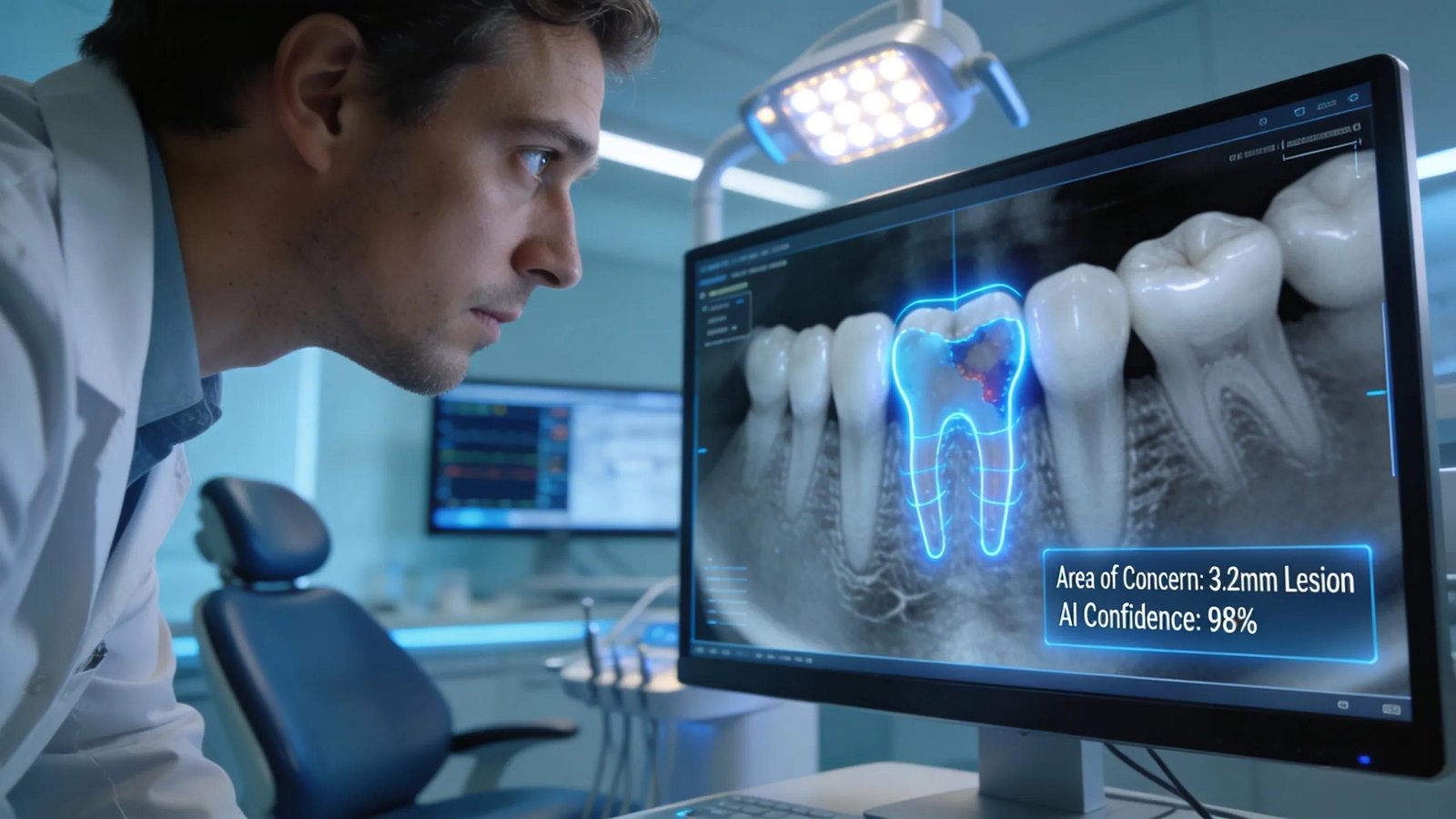 Dentist analyzing dental X-ray with AI diagnostic imaging highlighting lesion area and confidence level.