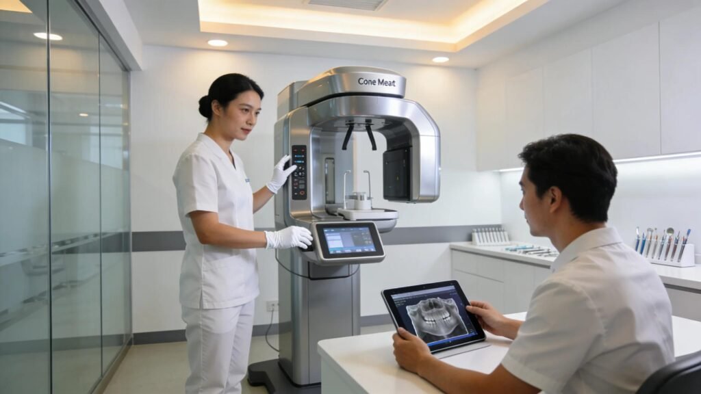 Modern dental clinic with advanced 3D imaging technology highlighting Cone Beam CT equipment