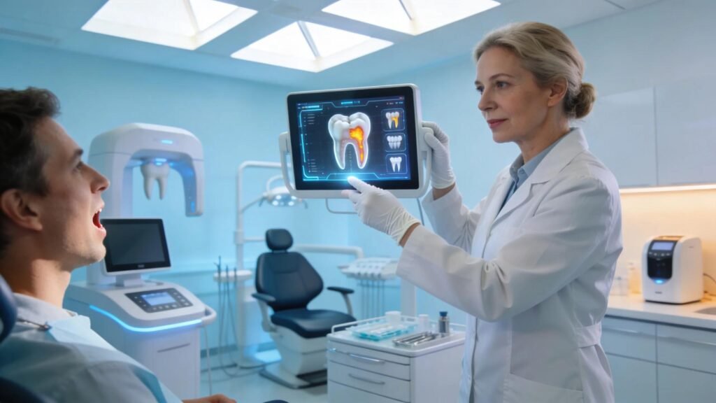 Dentist using tablet with AI dental imaging for patient diagnosis and treatment planning.