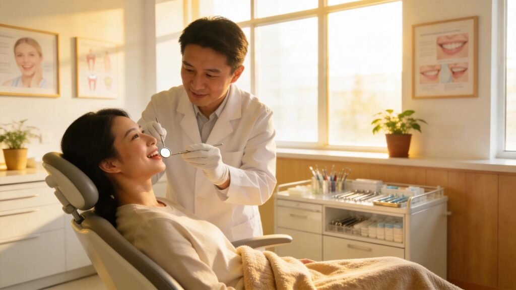 Dentist performing oral cancer screening on patient in Dental Care of Rialto office.
