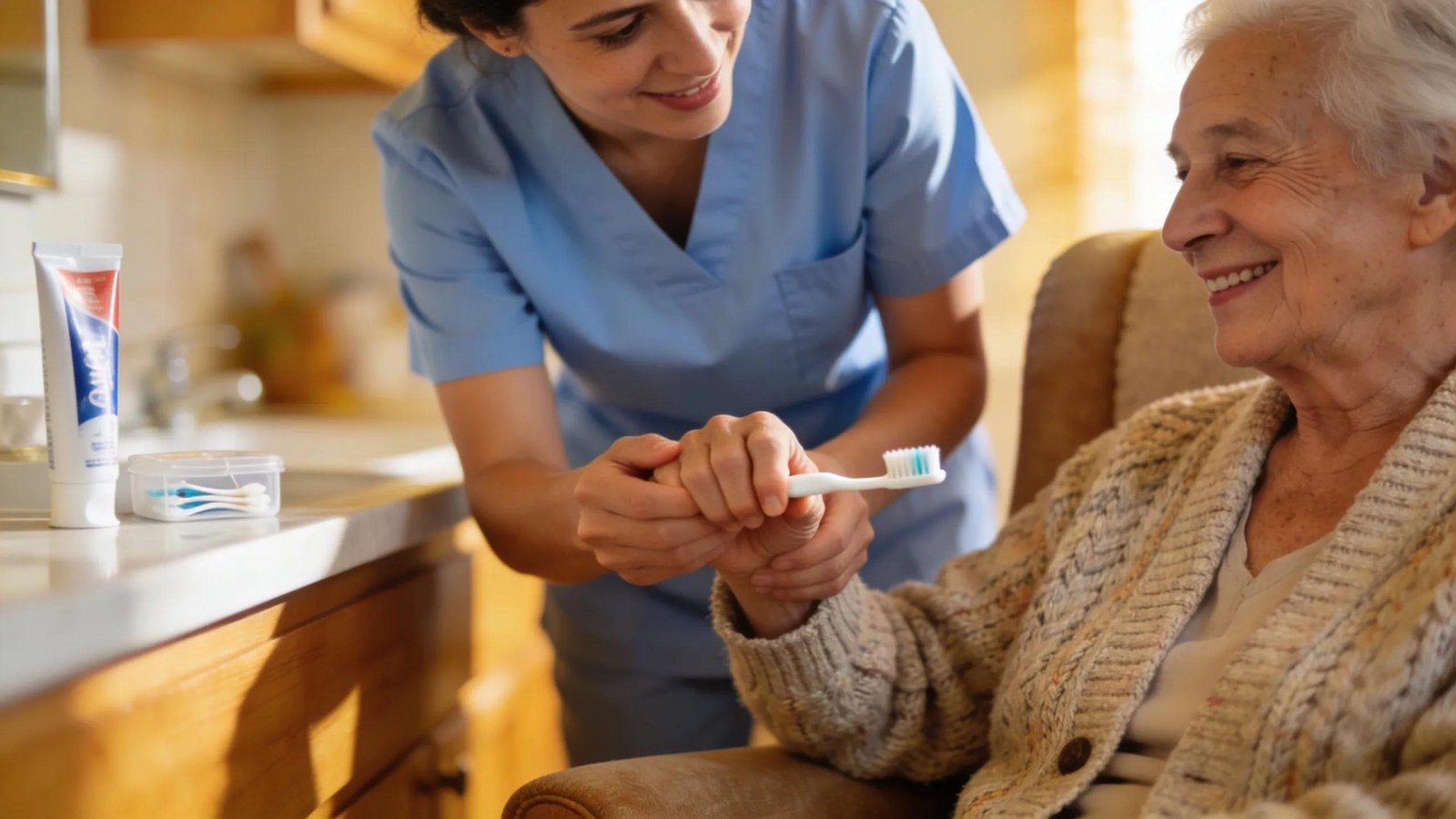 Caregiver assisting senior with toothbrush and oral hygiene routine.