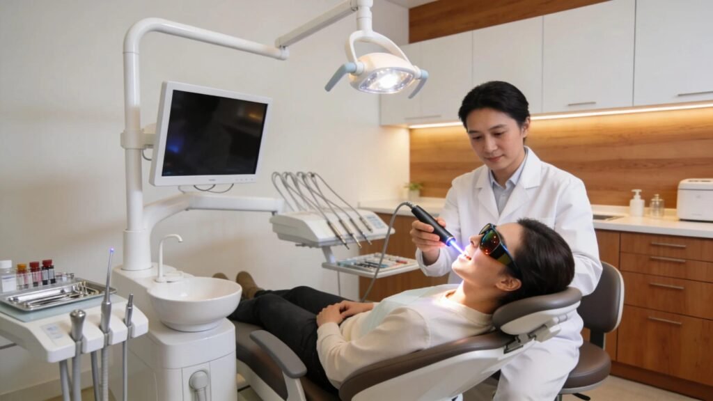 Patient undergoing laser dentistry treatment in a modern dental office