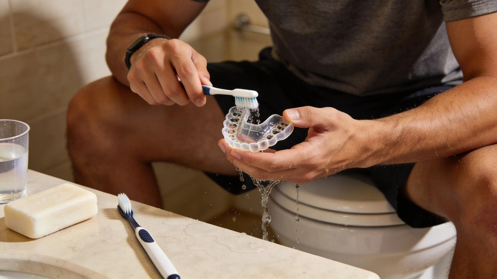 Man cleaning sports mouthguard with toothbrush and water.
