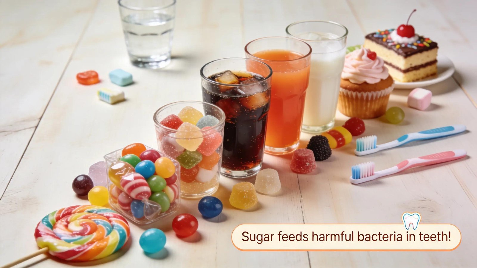 Sugary drinks, candies, and sweets feeding oral bacteria and contributing to tooth decay.