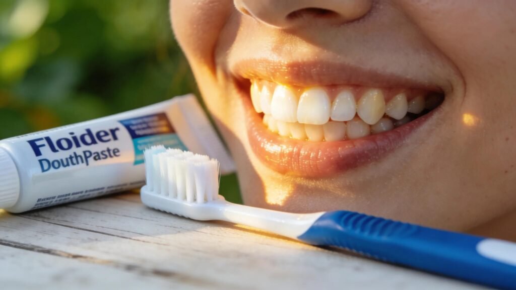 Healthy smile and fluoride toothpaste for cavity prevention.