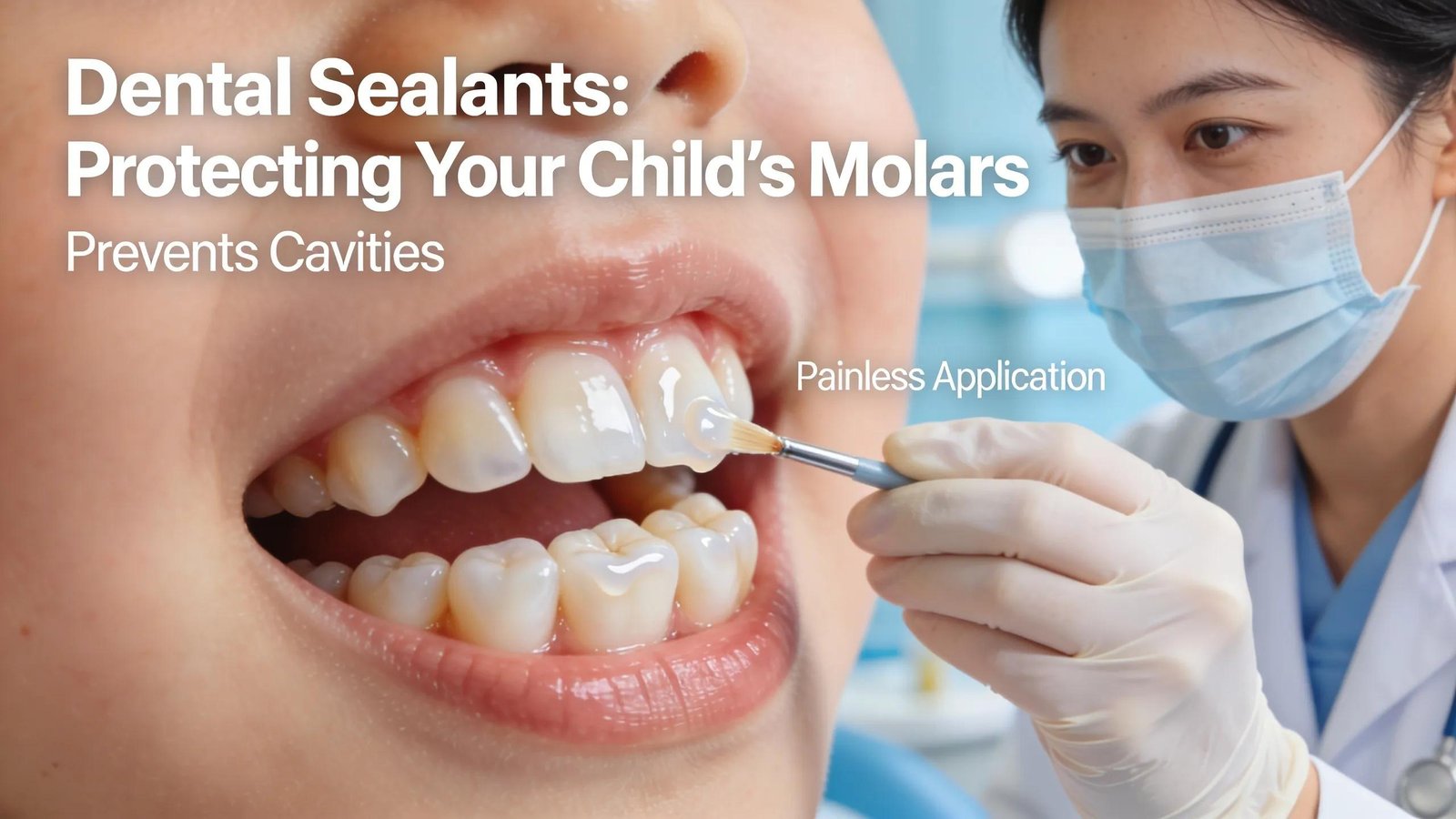 Dental sealant application protecting child's molars and preventing cavities.