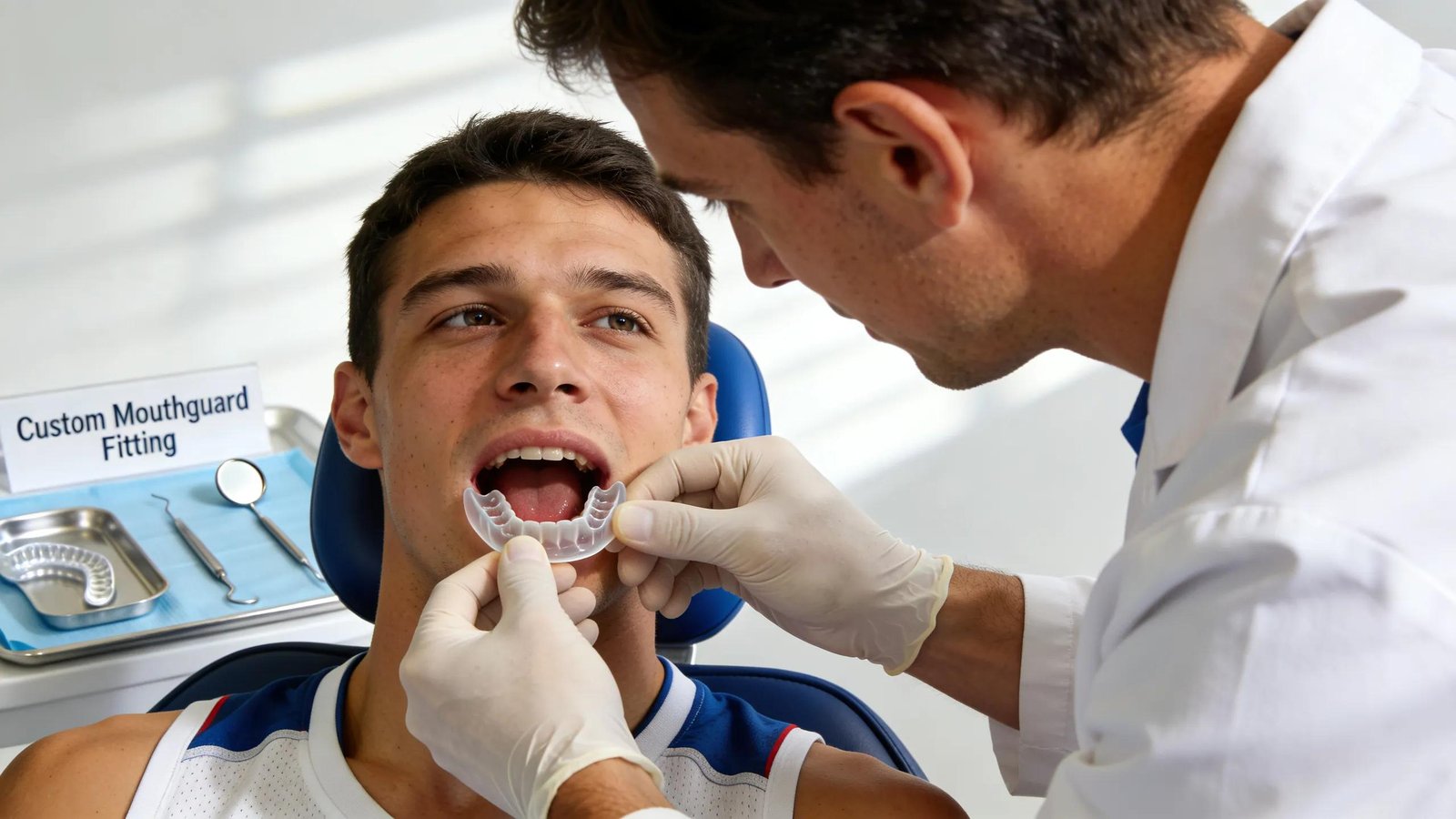 Dental professional fitting custom mouthguard for athlete, ensuring secure and comfortable fit.
