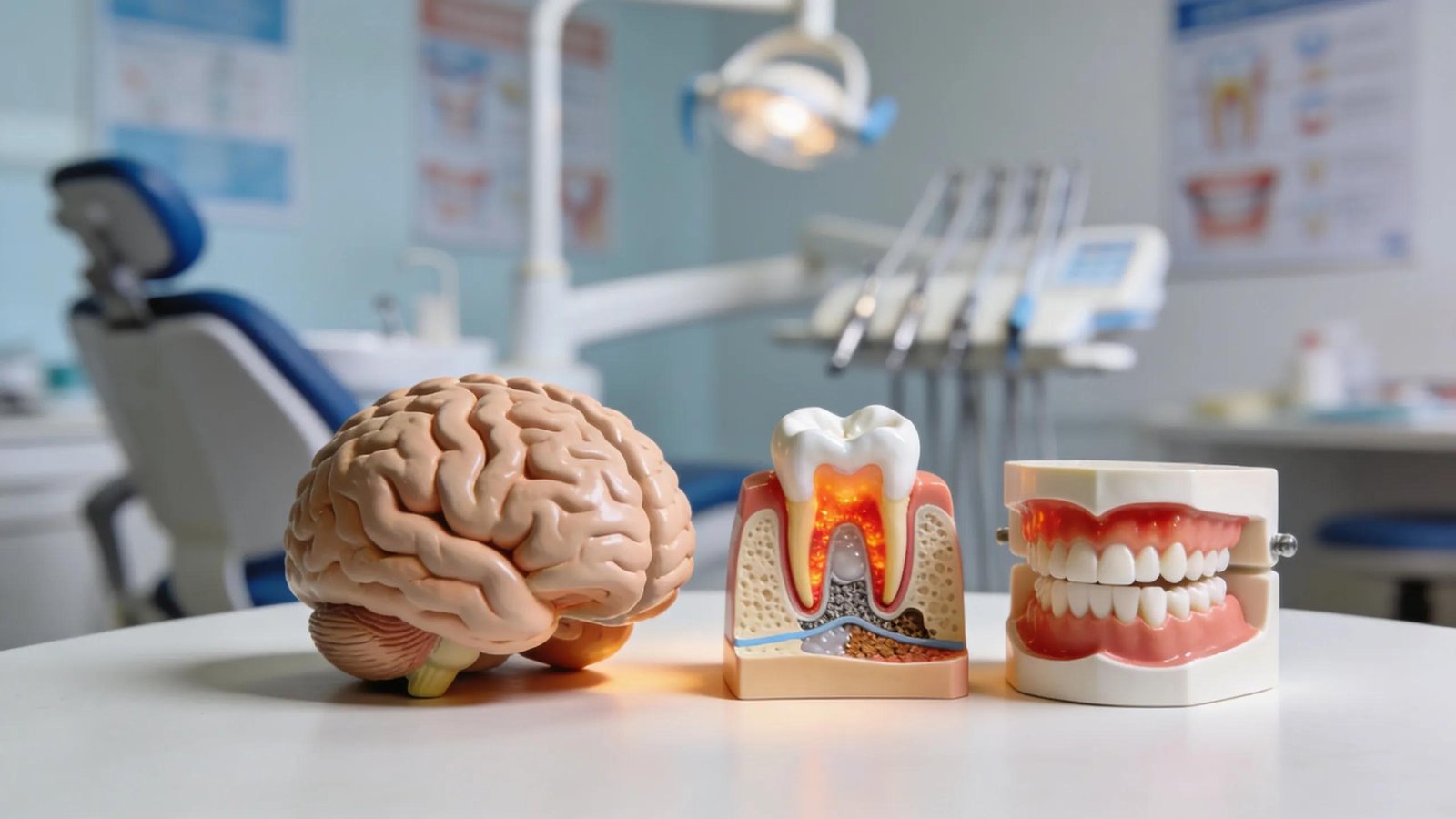 Dental models of teeth and brain illustrating oral health and cognitive decline connection.