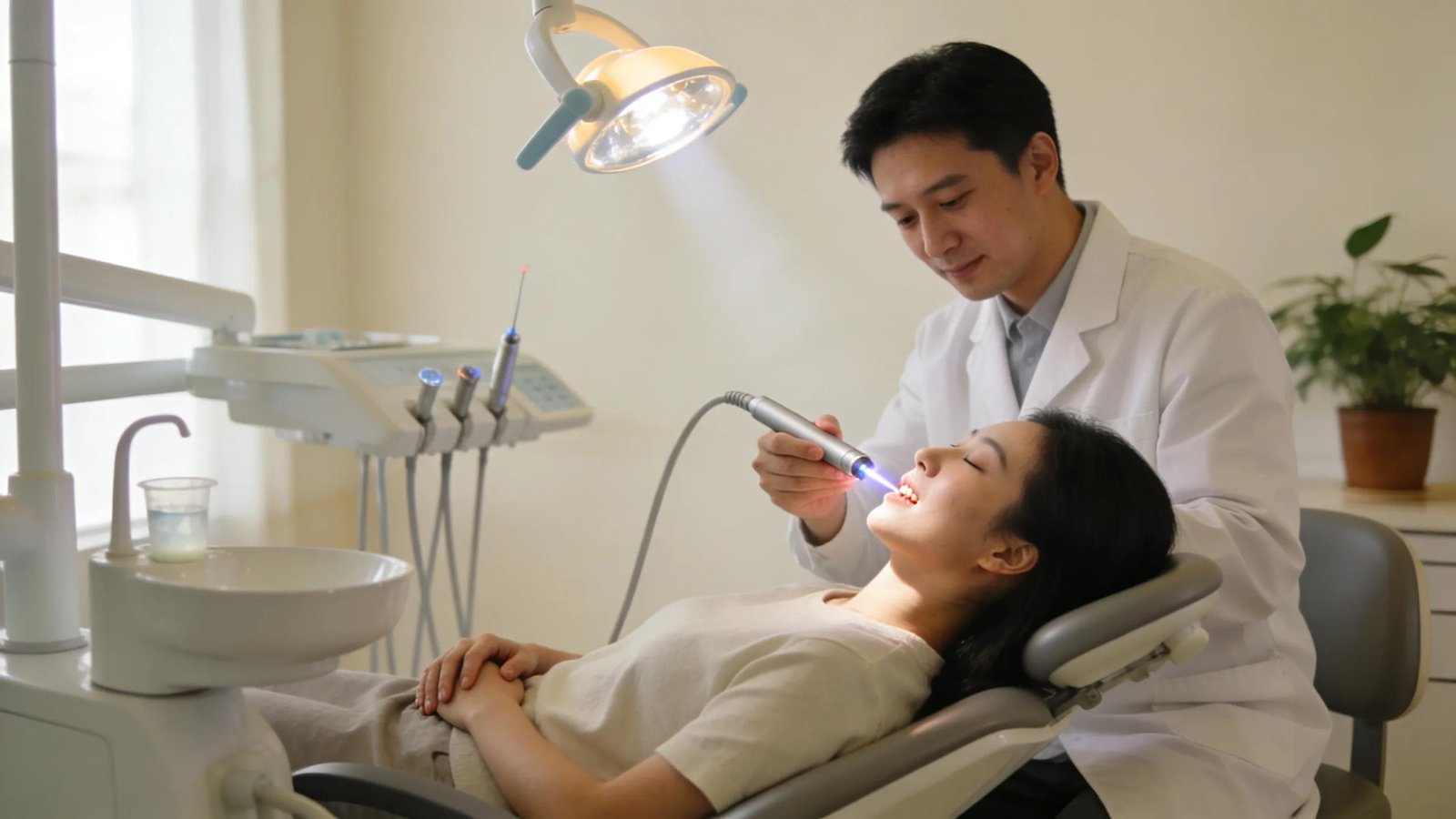 Dentist performing a minimally invasive laser procedure on a patient