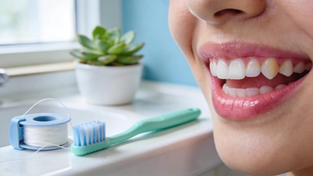 Close-up of a healthy smile with bright gums and toothbrush, emphasizing oral hygiene