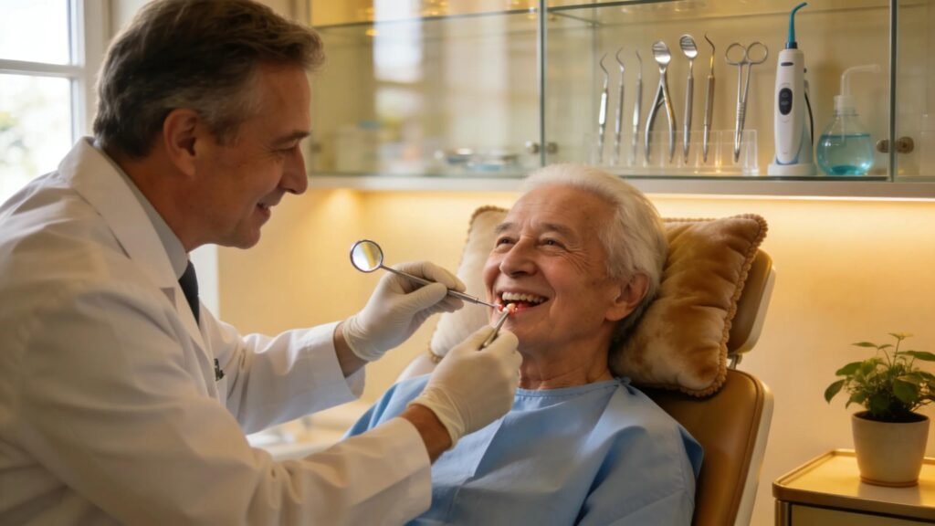 Dentist examining senior patient's teeth, promoting oral health and dementia prevention.