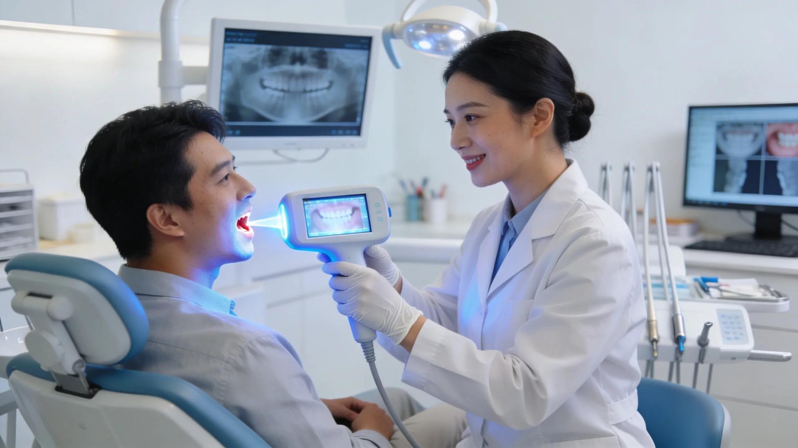 Dentist performing oral cancer screening with fluorescence visualization technology.