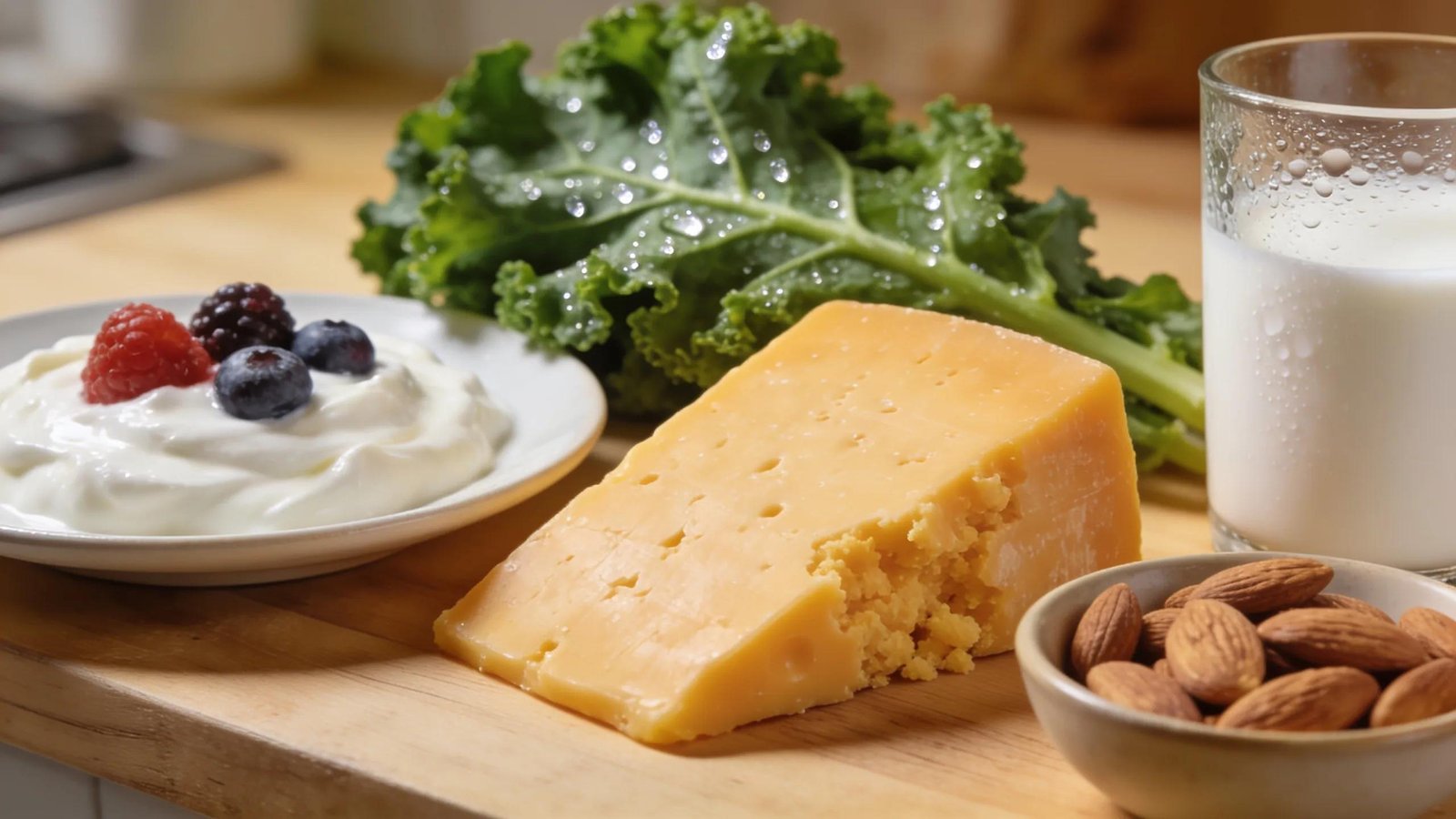 Selection of calcium-rich foods promoting dental health, including dairy and leafy greens