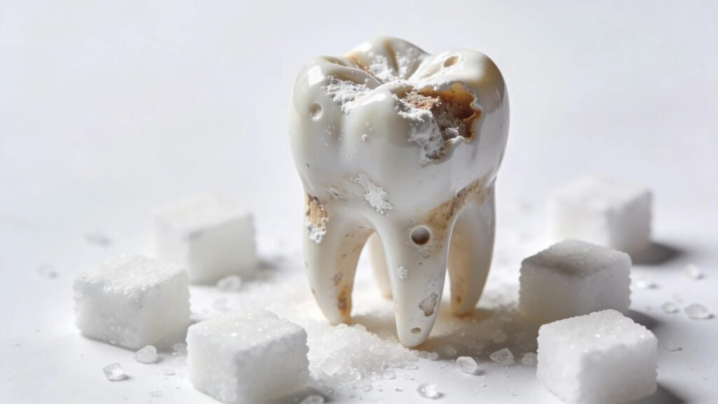 Damaged tooth surrounded by sugar cubes illustrating effects of sugar on dental health.