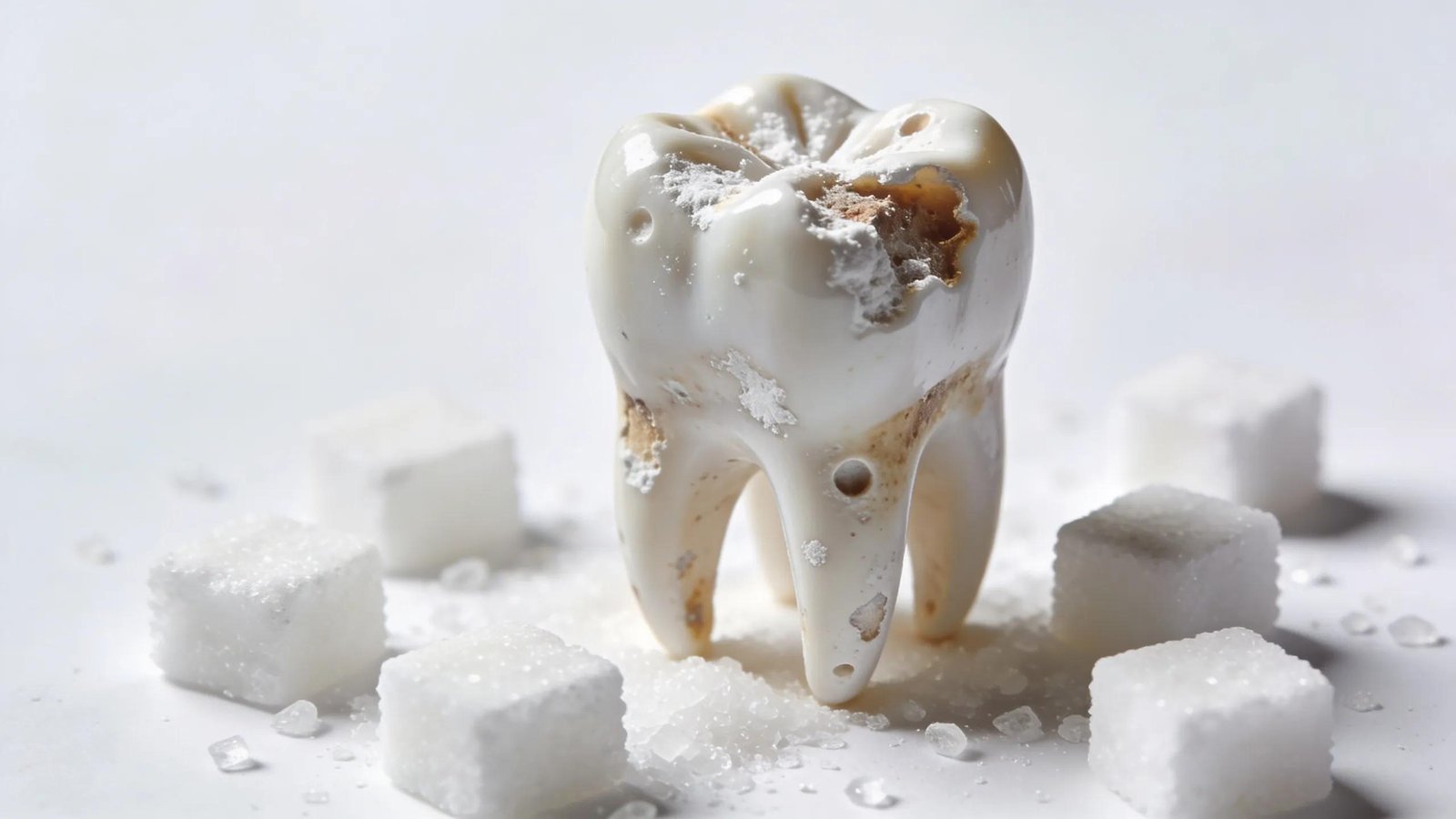 Damaged tooth covered in sugar cubes illustrating the harmful impact of sugar on teeth and